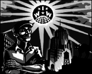 Image: Black and white illustration. Foreground: Man in worker's garb with arms crossed over his chest. A black cat perched on a short stone wall arching its back. Background: Skyscraper and other smaller buildings. The IWW circle logo coming through dark clouds in the sky above emitting rays like the sun.